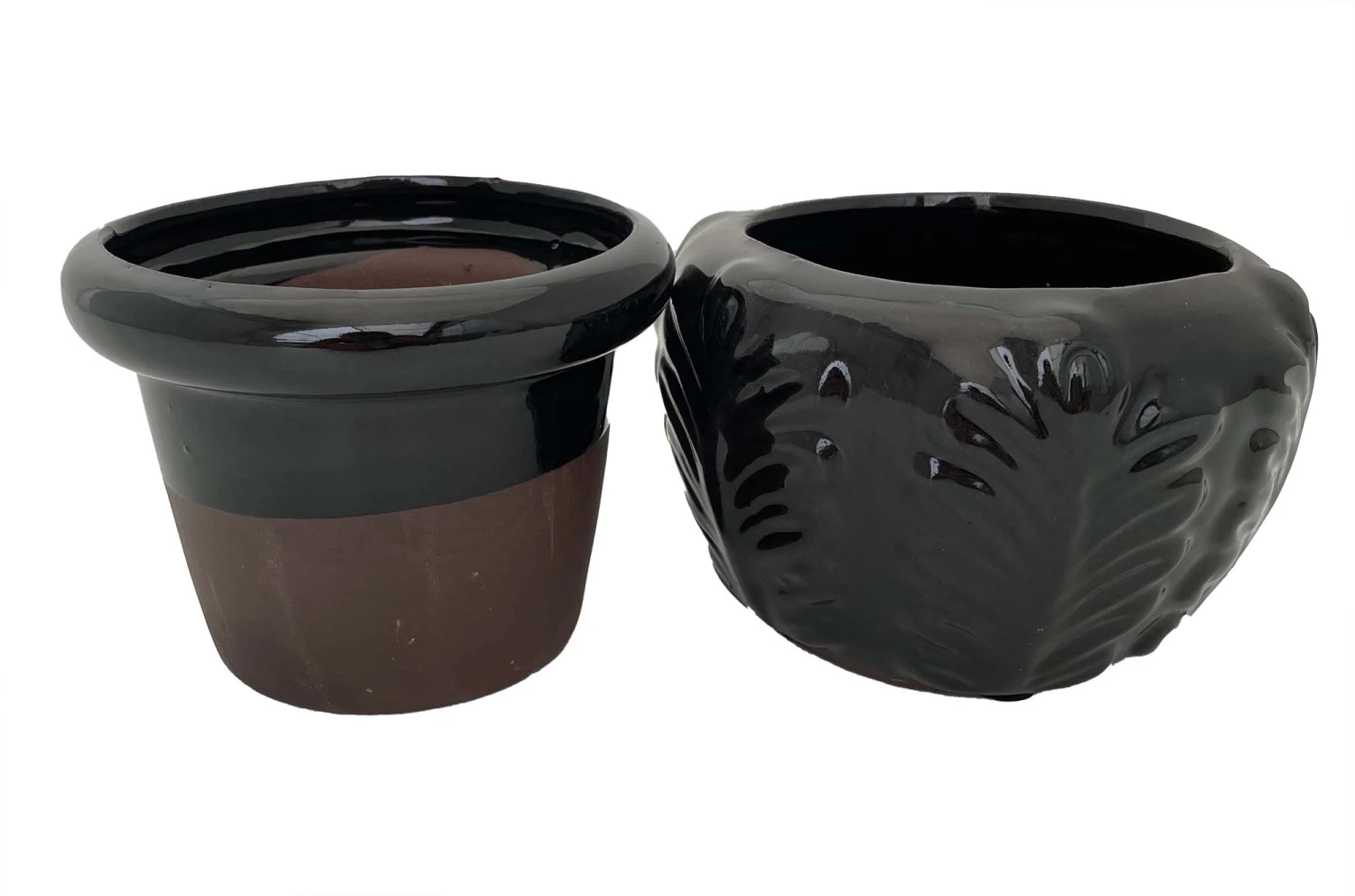 Leaf Self Watering Glazed Ceramic Pot - Black - 6.25 X 4.75" - Image 2