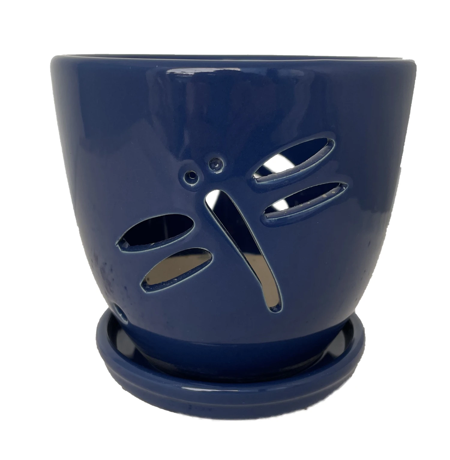 Dragonfly Blue Ceramic Orchid Pot And Saucer + Felt Feet-5 1/2" X 5 1/4"