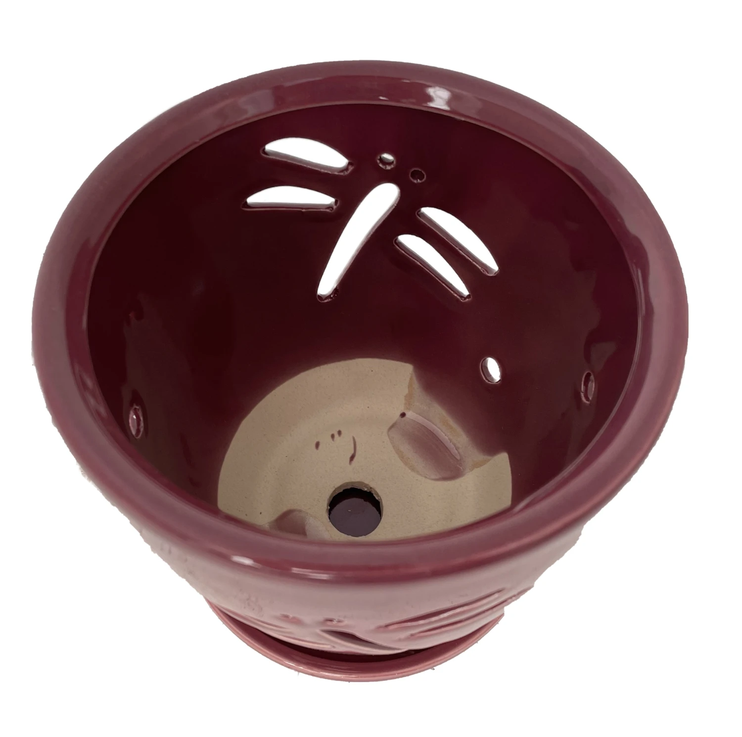 Dragonfly Plum Ceramic Orchid Pot And Saucer + Felt Feet-5 1/2" X 5 1/4" - Image 2