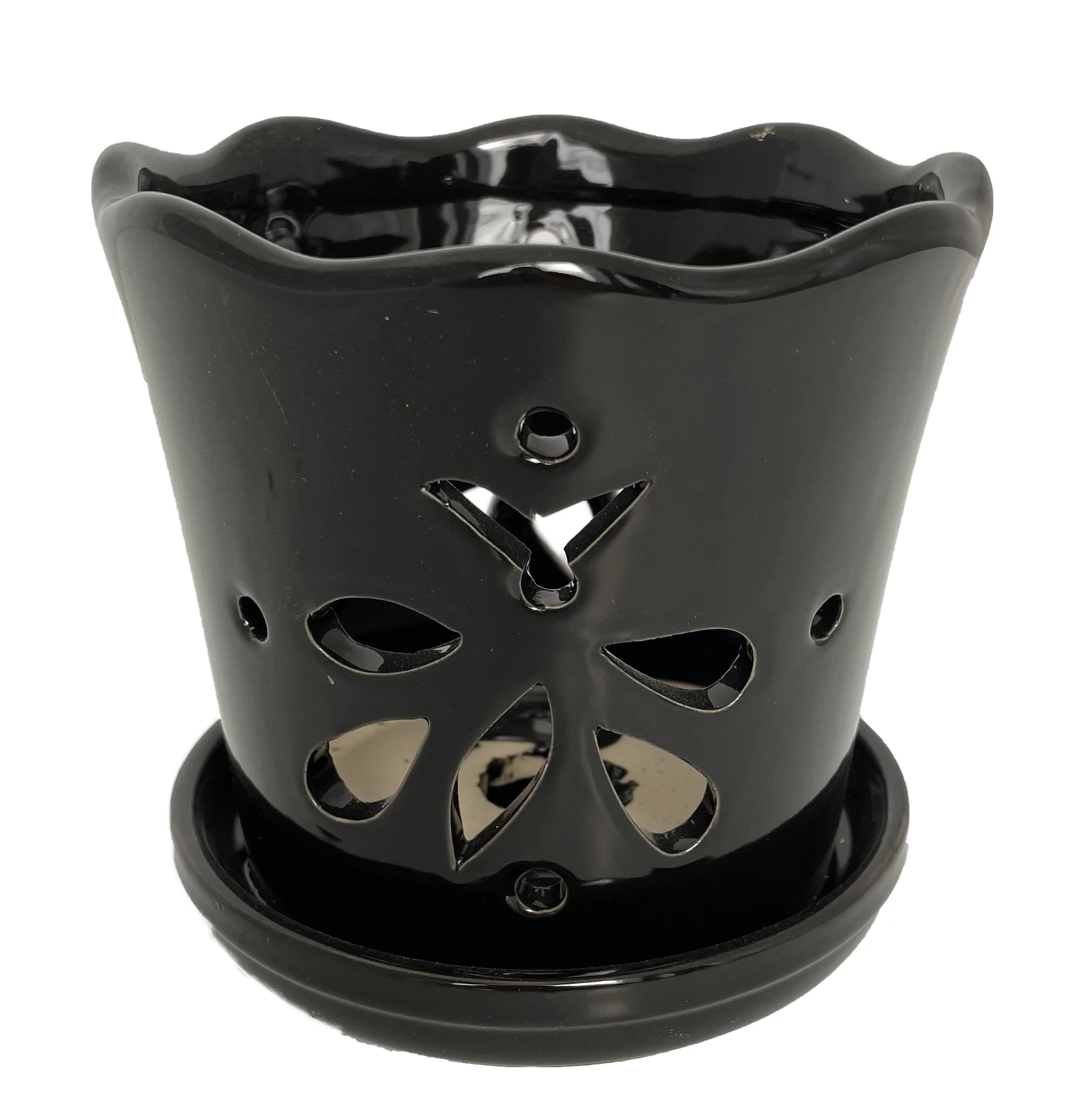 Butterfly Ceramic Orchid Pot/Saucer 5" X 5" - Black
