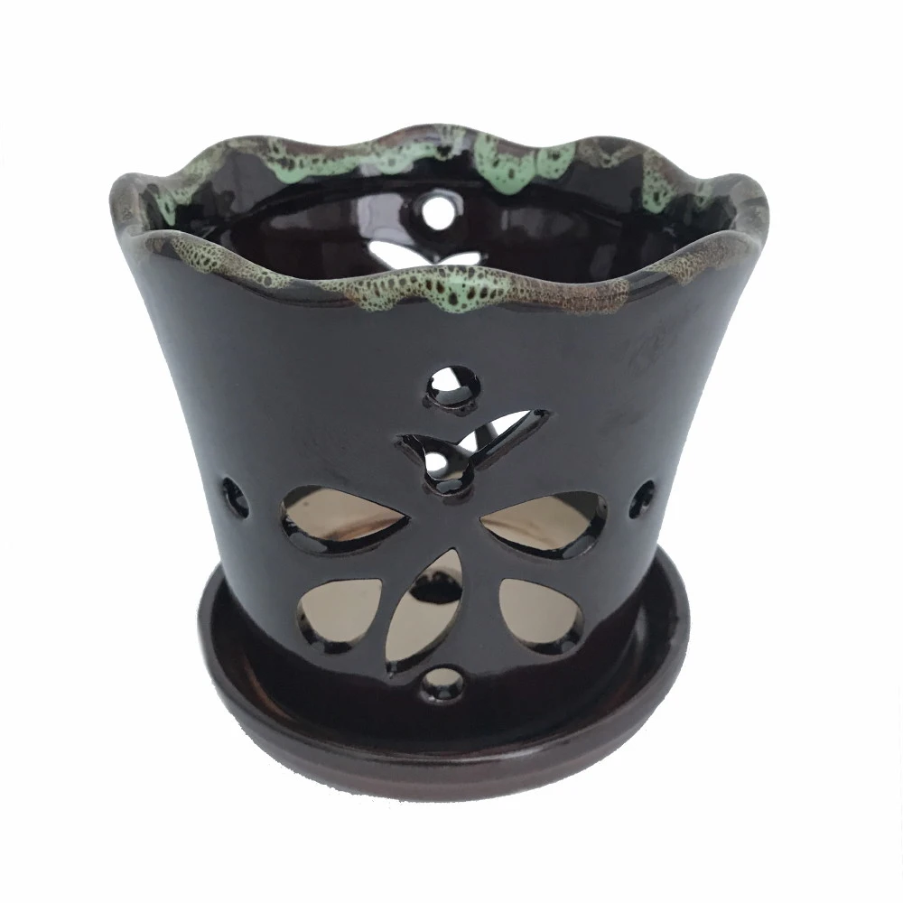 Butterfly Ceramic Orchid Pot/Saucer 5" X 5" - Dark Brown Moss - #50248
