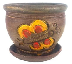 Thai Garden Yellow Butterfly Ceramic Pot With Attached Saucer - 6.75" X 6"