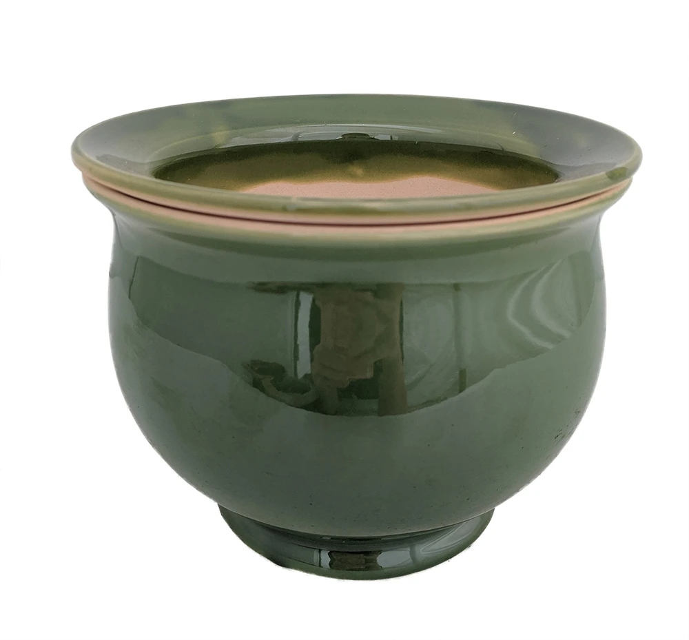 Self Watering Glazed Ceramic Pot Plus Felt Feet - Green - 6 1/2" X 5"