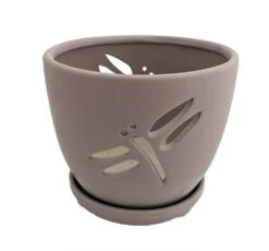 Dragonfly Matte Gray Ceramic Orchid Pot And Saucer + Felt Feet-5 1/2" X 5 1/4"