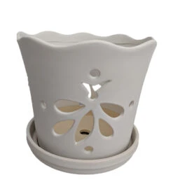 Matte White Butterfly Ceramic Orchid Pot With Attached Saucer - 5" X 5"