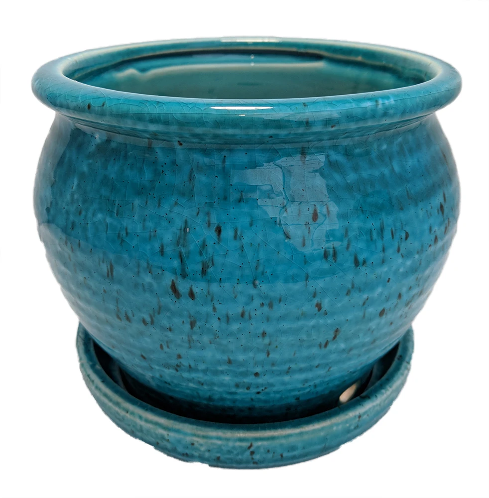 Speckle Planter With Attached Saucer - Turquoise - 6" X 5 1/2"