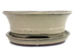 Ceramic Bonsai Pot/Saucer - Beige/Oval - 6 1/8" X 4 1/2" X 2" With Felt Feet