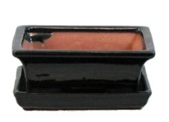 Ceramic Bonsai Pot/Saucer - Dark Brown - 6 1/8" X 4 1/2" X 2" + Felt Feet