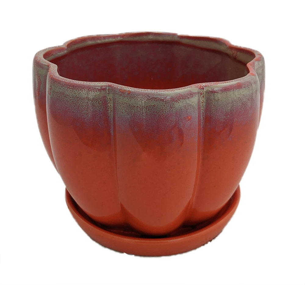 Orange Petal Bowl Ceramic Pot With Attached Saucer - 7.5" X 5.5"
