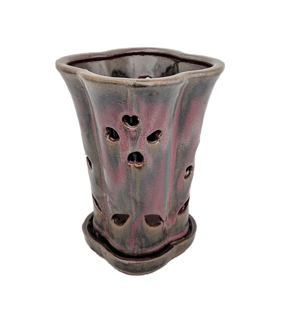 High Style Ceramic Orchid Pot/Saucer - 6 1/8" X 8" - Oxblood Red Flower