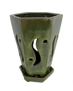 High Style Ceramic Orchid Pot/Saucer - 6 1/8" X 8" - Green Hexagon