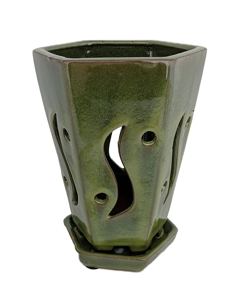 High Style Ceramic Orchid Pot/Saucer - 6 1/8" X 8" - Green Hexagon