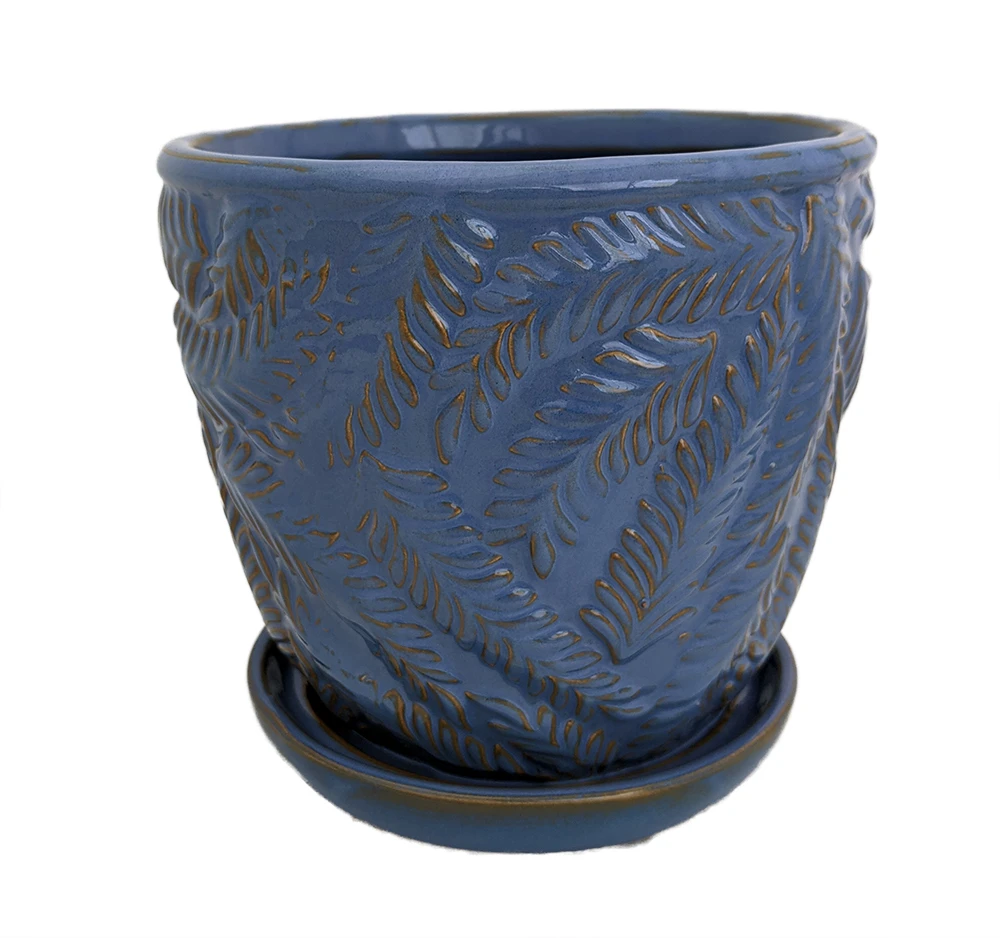 Beach Fern Ceramic Pot With Attached Saucer - Blue Yonder - 5" X 4.75"