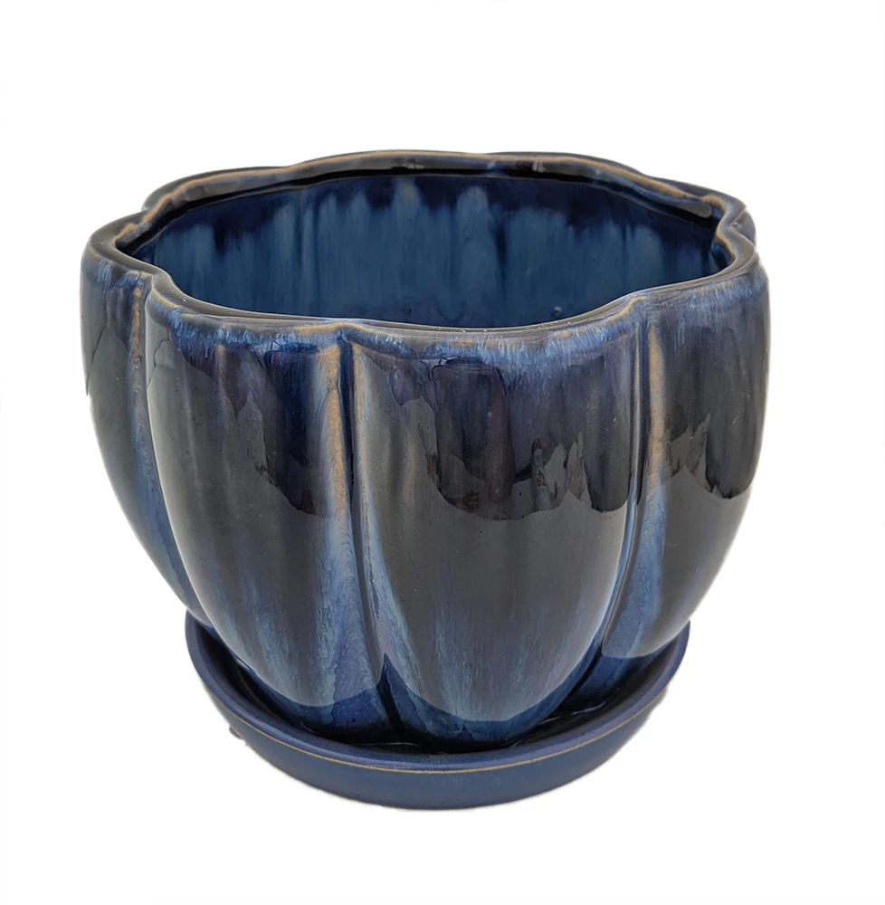 Blue Petal Bowl Ceramic Pot With Attached Saucer - 7.5" X 5.5"