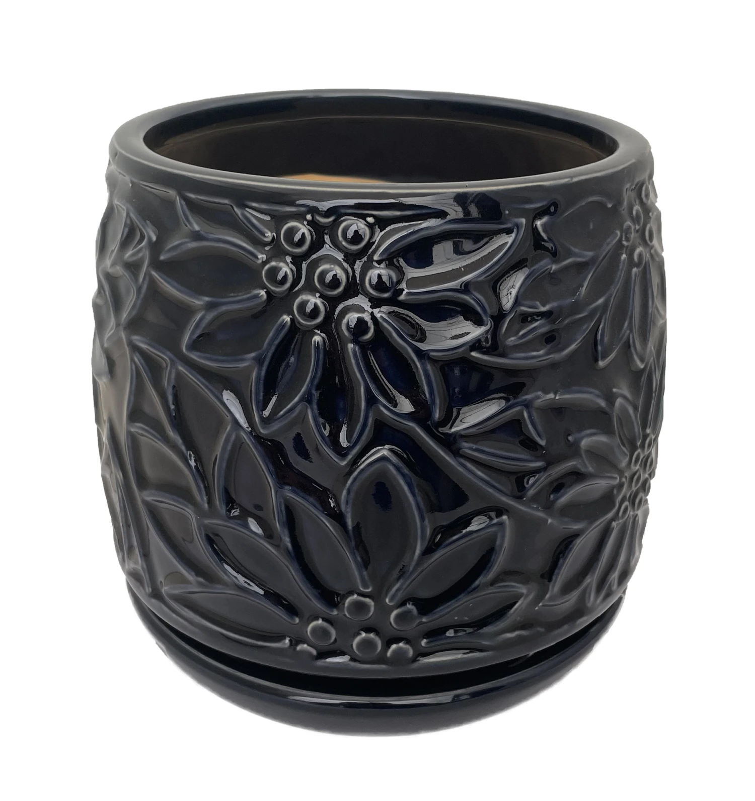 Botanical Delica Ceramic Pot With Attached Saucer - 6" X 6.25" - Dark Denim - Image 2