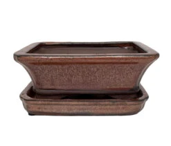 Ceramic Bonsai Pot/Saucer - Copper Flared - 6 1/8" X 4 1/2" X 2"