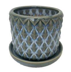 Diamond Green Ceramic Pot With Attached Saucer - 4.5" X 4.25"