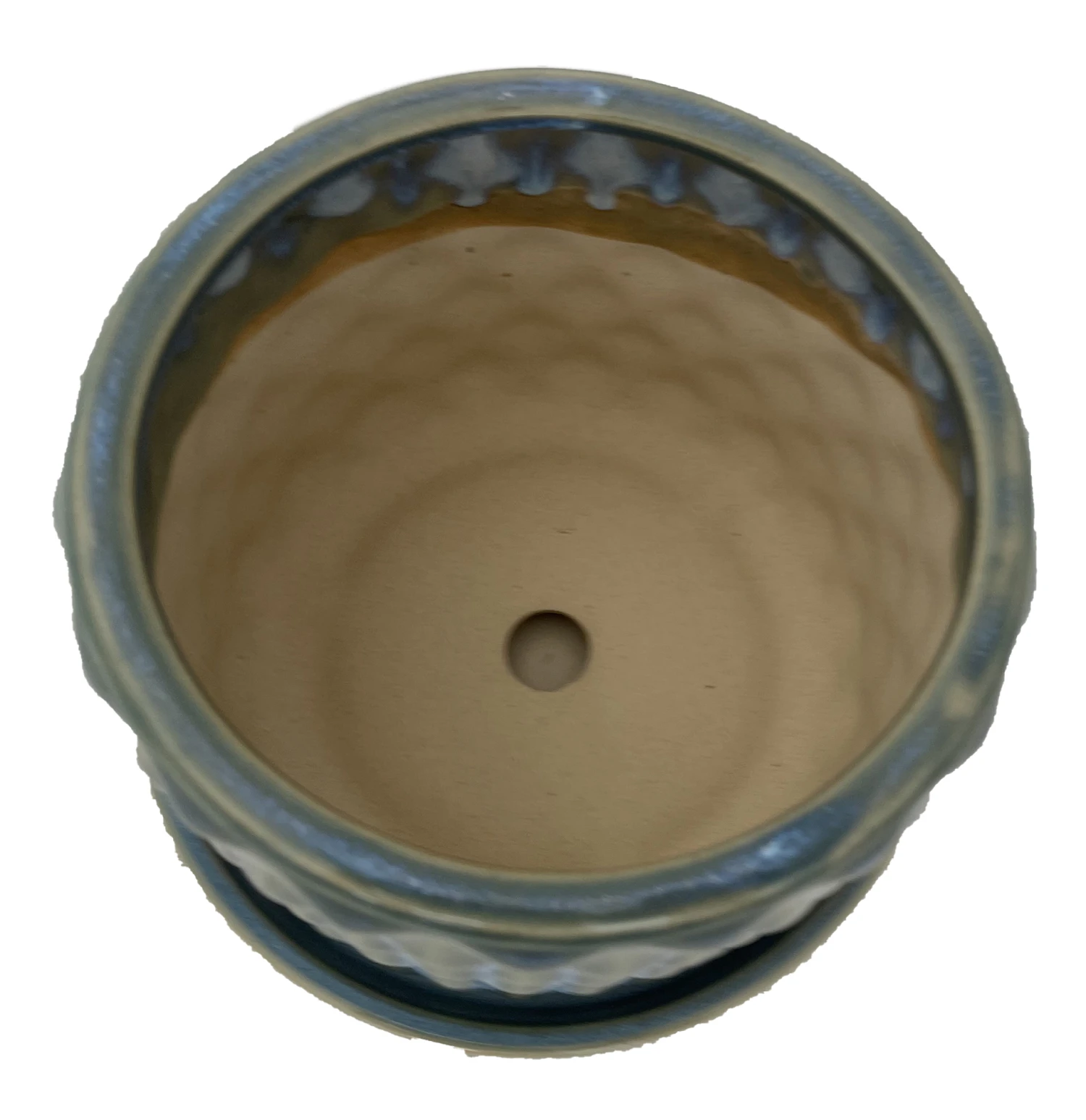 Diamond Green Ceramic Pot With Attached Saucer - 4.5" X 4.25" - Image 2