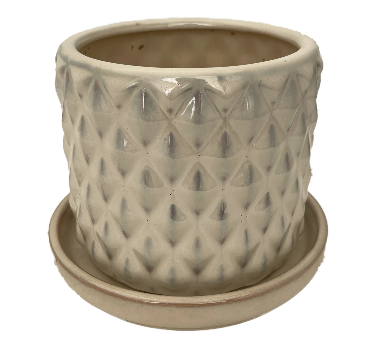 Diamond Pearl Ceramic Pot With Attached Saucer - 4.5" X 4.25"