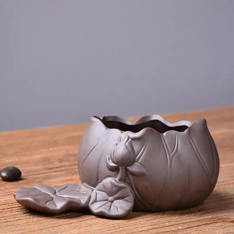 Creative Lotus Leaf Ceramic Planter With Live Miniature African Violet - Image 2