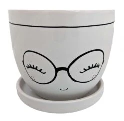 Miss Priss Ceramic Face Pot With Attached Saucer - Glasses - 5" X 4.25"