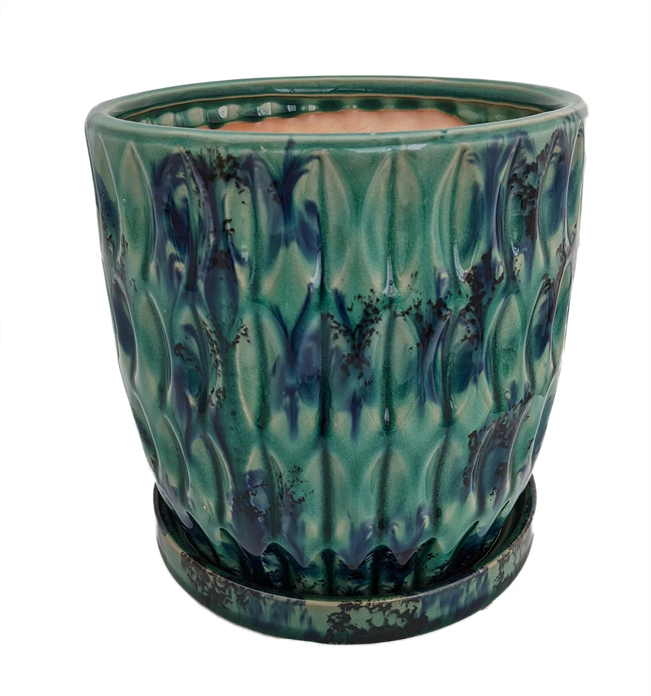 Morrocroft Ceramic Egg Pot With Attached Saucer - 5.25" X 5" - Turquoise Leaf