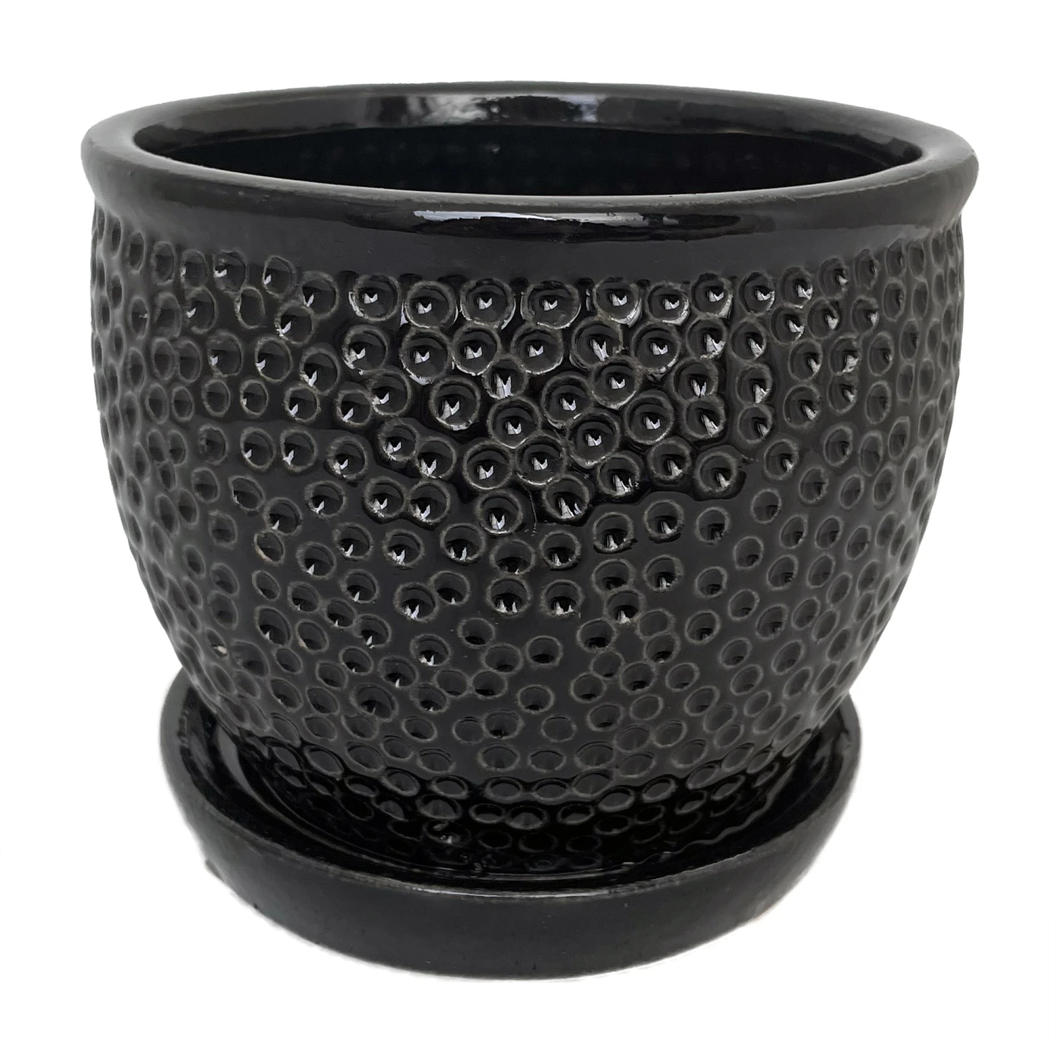 Pebble Black Ceramic Pot With Attached Saucer - 5.5" X 4.75"