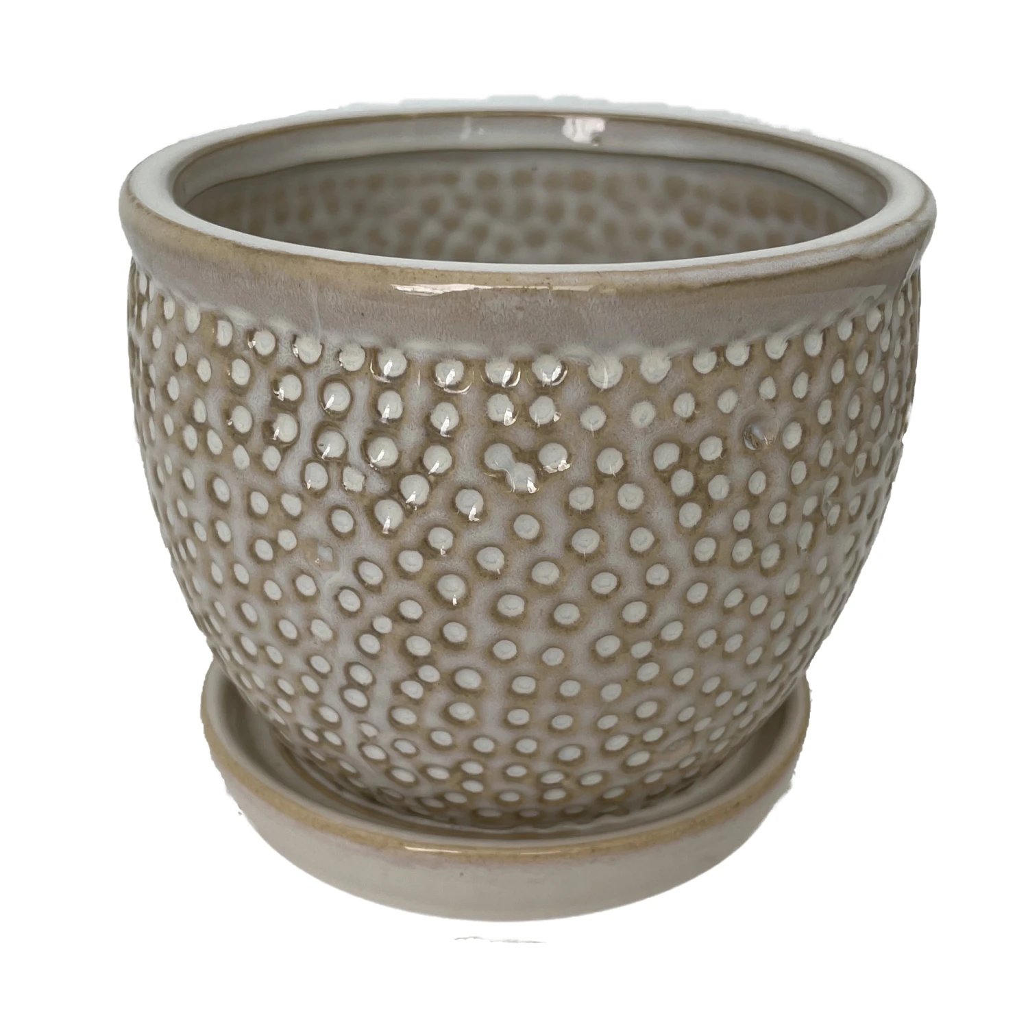 Pebble Beige Ceramic Pot With Attached Saucer - 5.5" X 4.75"