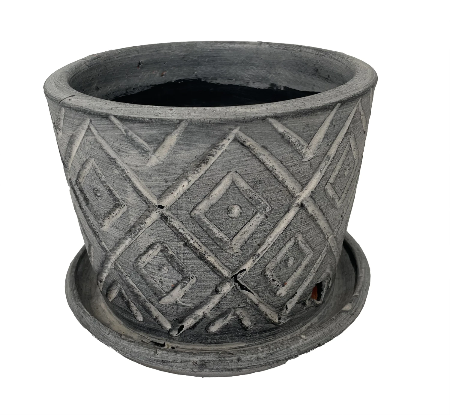 Rustic Thai Garden Charcoal Ceramic Pot With Attached Saucer - 6" X 6"