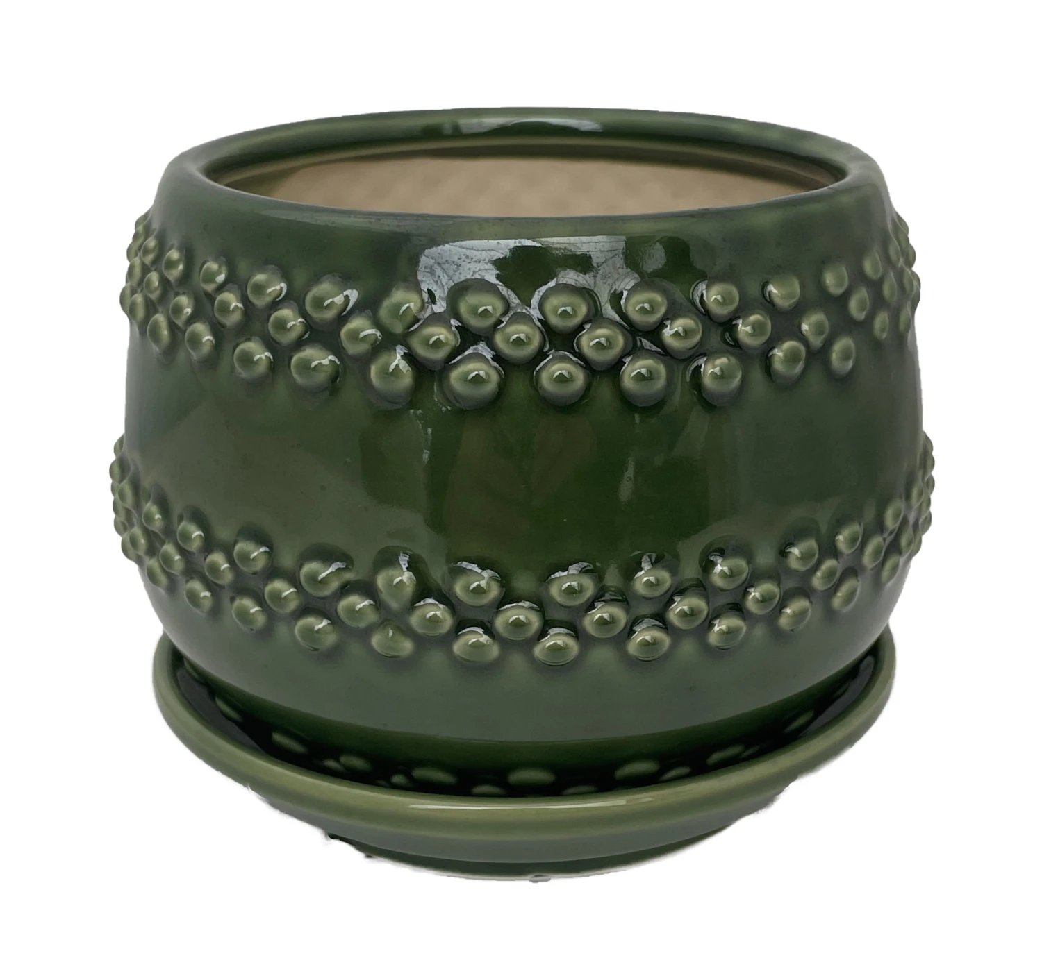 Seneca Ceramic Pot With Attached Saucer - 5" X 4.25" - Emerald